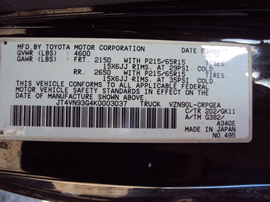 1989 TOYOTA TRUCK XTRA CAB 3.0L AT 2WD COLOR BLACK STK Z12261