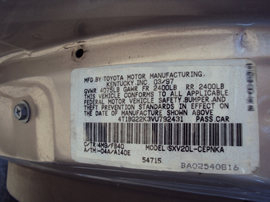 1997 TOYOTA CAMRY LE MODEL 4 DOOR SEDAN,2.2L AT COLOR GOLD STK Z12298