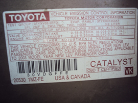 2003 TOYOTA AVALON XLS MODEL 4 DOOR SEDAN 3.0L V6 AT FWD COLOR GOLD STK Z12324