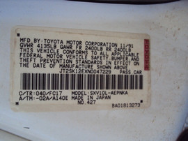 1992 TOYOTA CAMRY 4 DOOR SEDAN LE MODEL 2.2L AT FWD COLOR WHITE STK Z12325